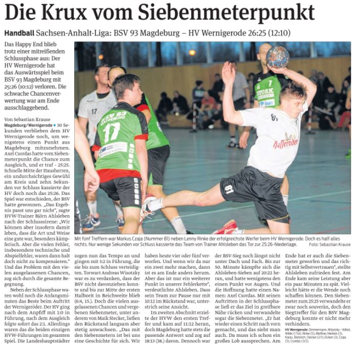 Volksstimme Bericht zum Spiel der 1. beim BSV Magdeburg